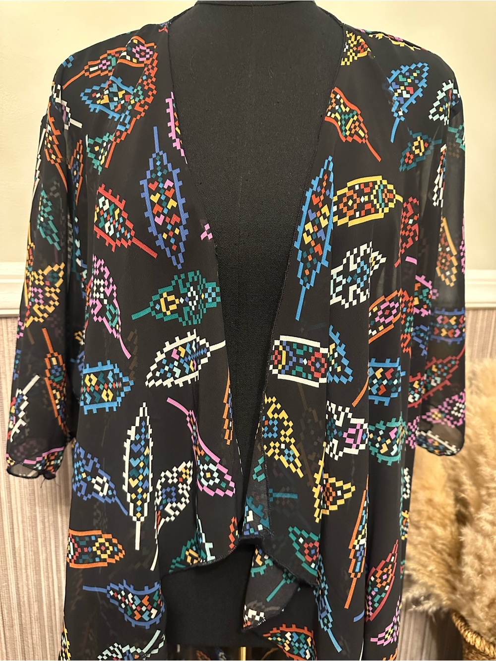 Boho Sheer Feather Print Kimono Duster Medium High Low Festival Cardigan Black - Picture 4 of 7